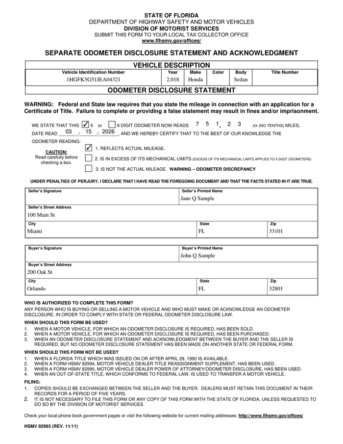 Page 1 of the sample Odometer Disclosure Statement