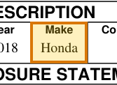 The region of the sample Odometer Disclosure Statement containing Vehicle make, with the extracted value outlined