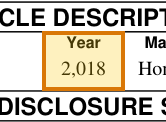 The region of the sample Odometer Disclosure Statement containing Vehicle year, with the extracted value outlined
