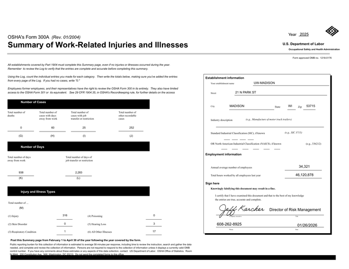 Page 1 of the sample OSHA Log