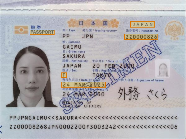 Page 1 of a sample Passport, with extracted values outlined