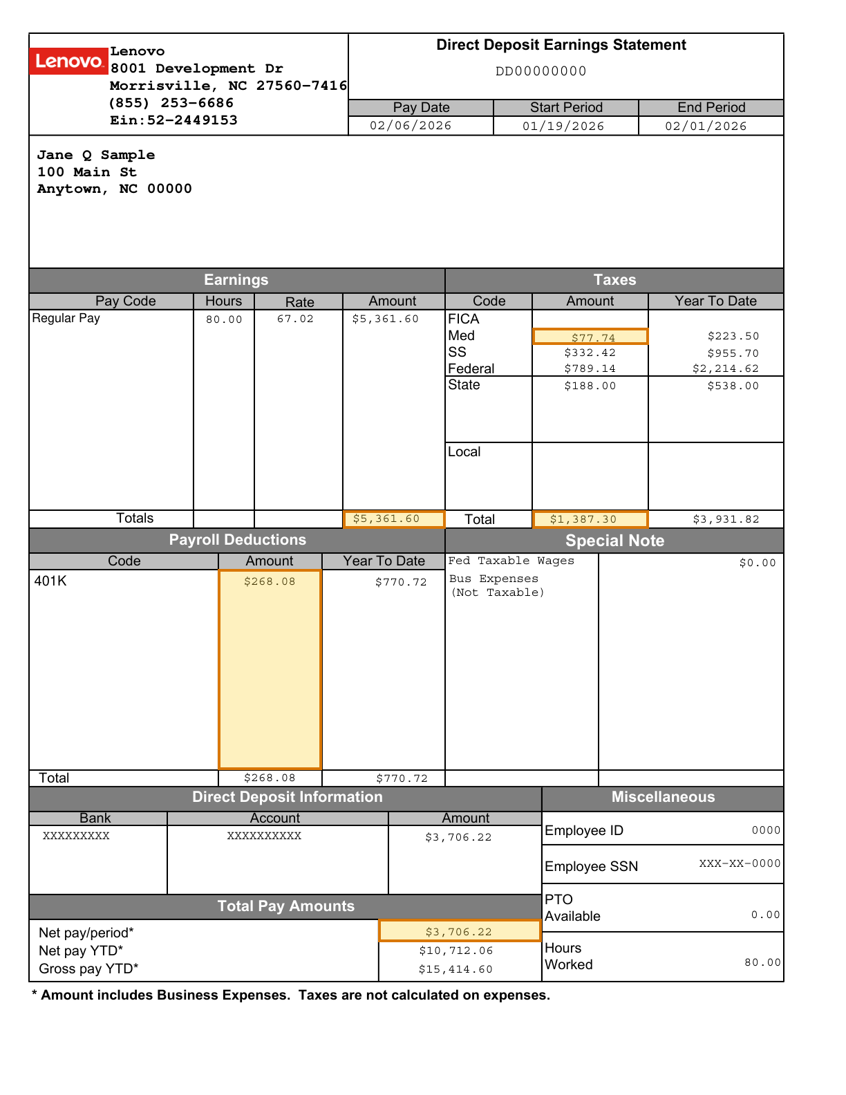 Page 1 of a sample Pay Stub, with extracted values outlined