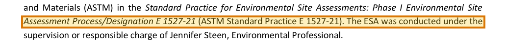 The region of the sample Phase I Environmental Site Assessment containing ASTM standard, with the extracted value outlined