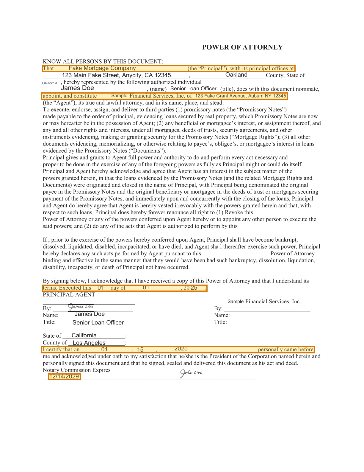 Page 1 of a sample Power of Attorney, with extracted values outlined