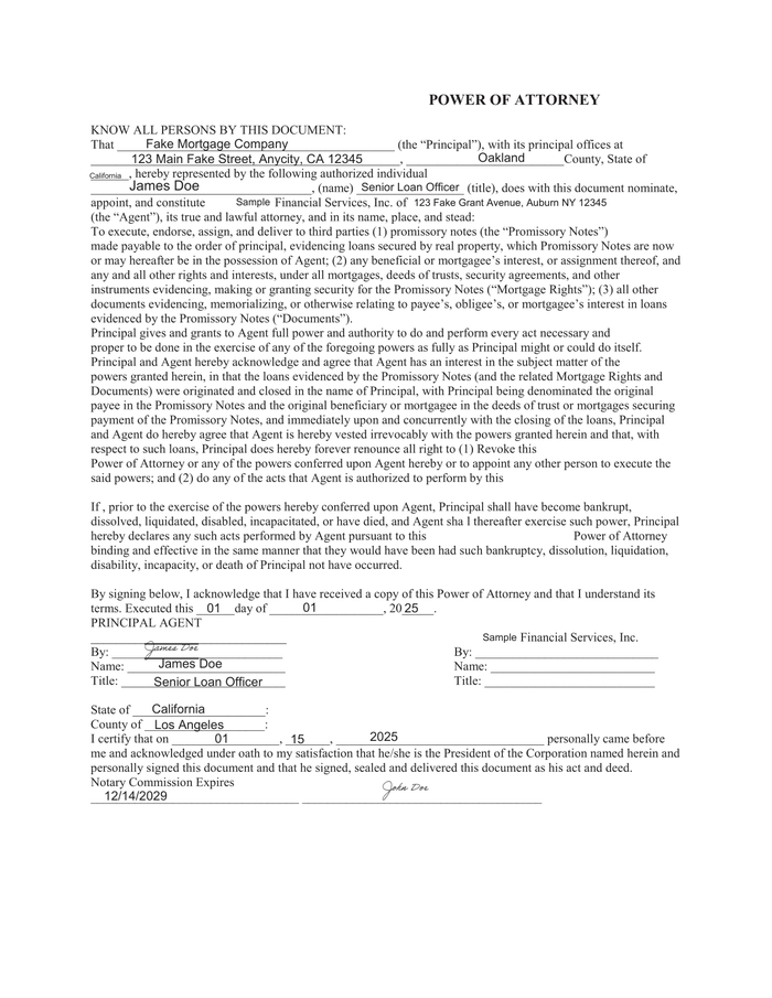 Page 1 of the sample Power of Attorney