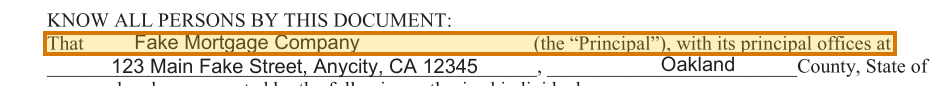 The region of the sample Power of Attorney containing Principal, with the extracted value outlined