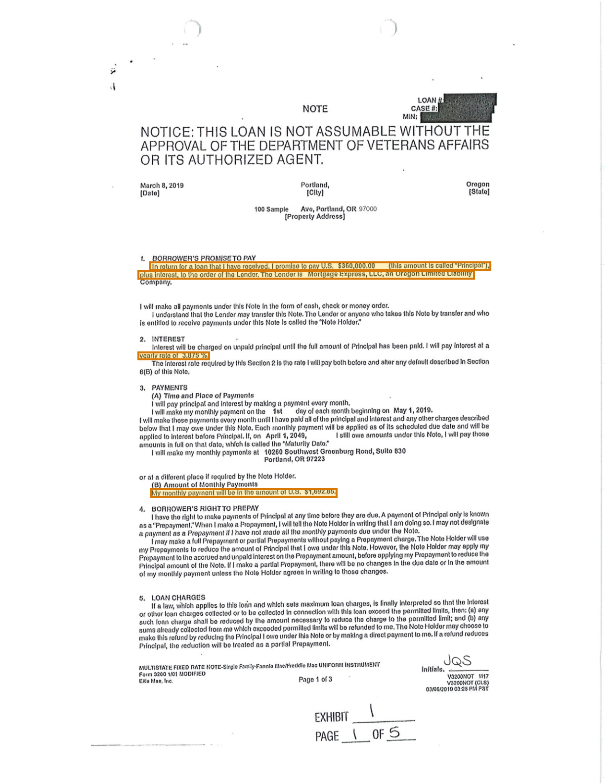 Page 1 of a sample Promissory Note, with extracted values outlined