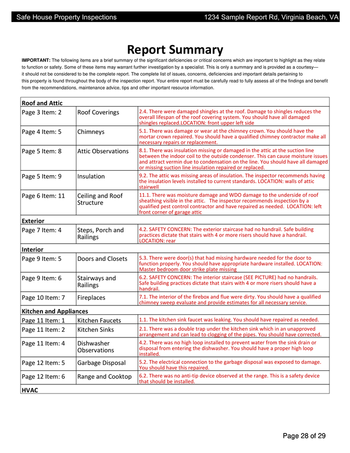 Page 29 of the sample Property Inspection Report
