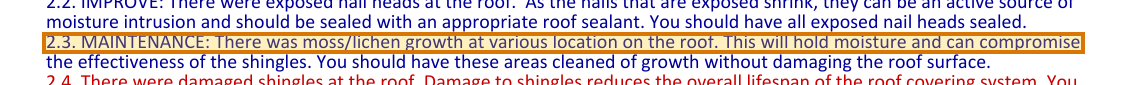 The region of the sample Property Inspection Report containing Recommendation category (item 2.3), with the extracted value outlined
