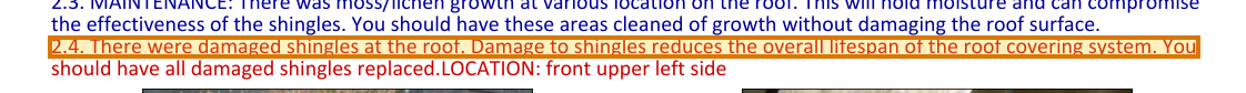 The region of the sample Property Inspection Report containing Damaged shingles item, with the extracted value outlined