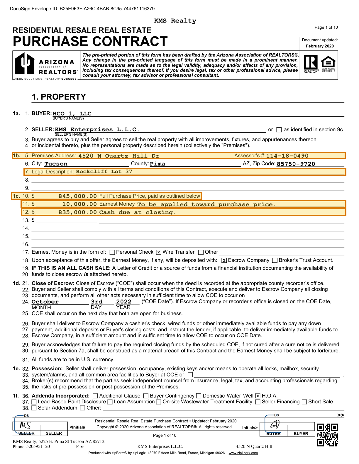 Page 1 of a sample Purchase and Sale Agreement, with extracted values outlined