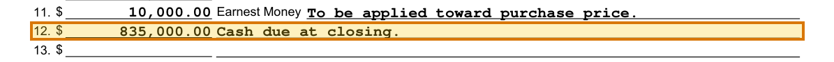 The region of the sample Purchase and Sale Agreement containing Cash due at closing, with the extracted value outlined