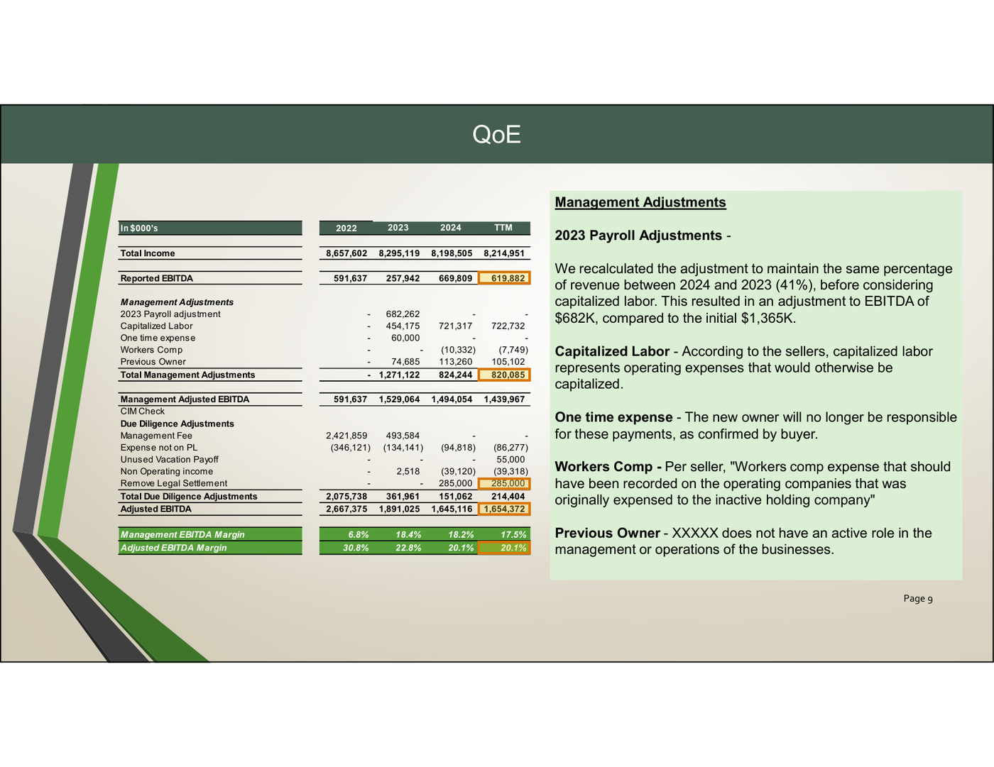Page 8 of a sample Quality of Earnings Report, with extracted values outlined