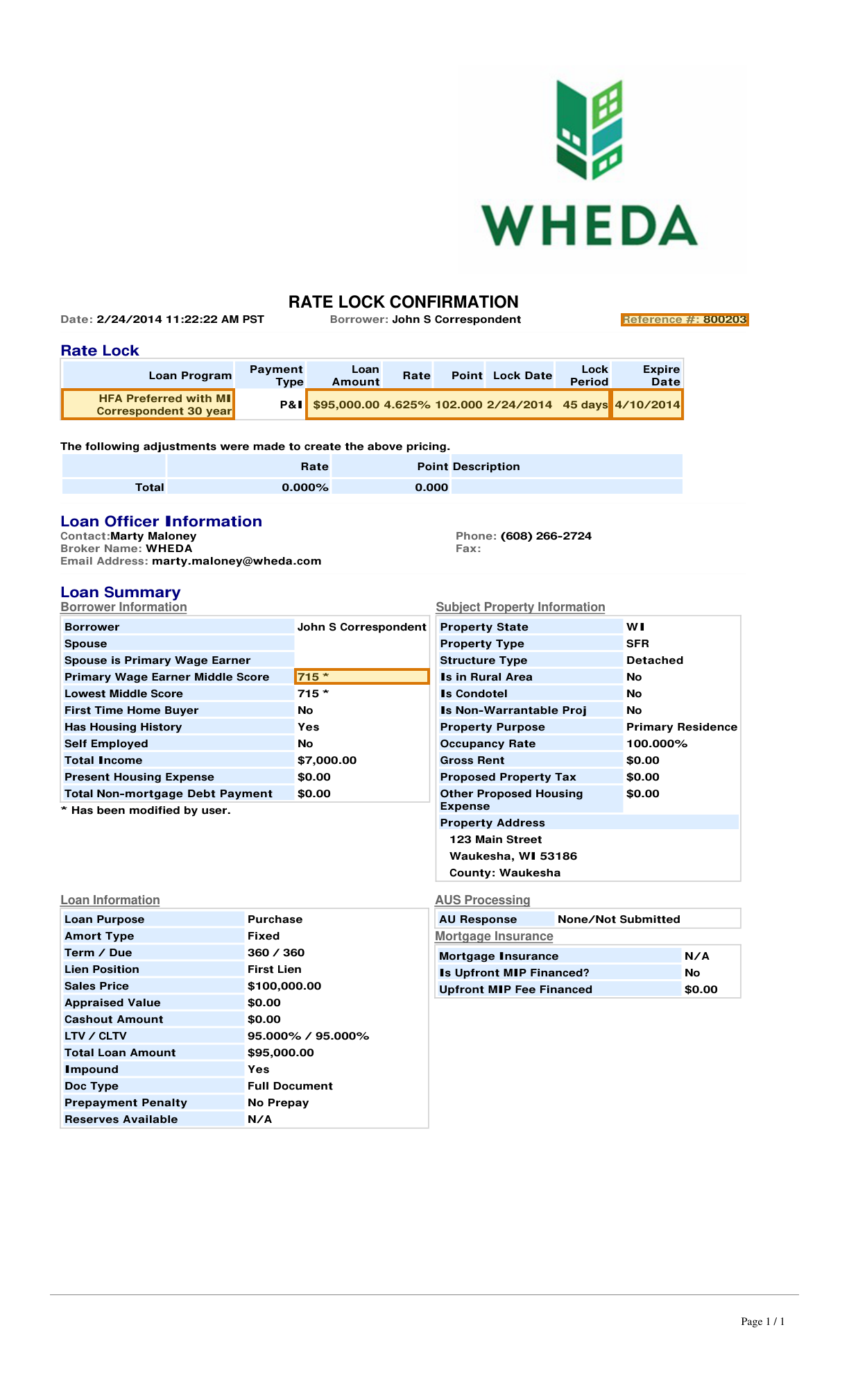 Page 1 of a sample Rate Lock, with extracted values outlined