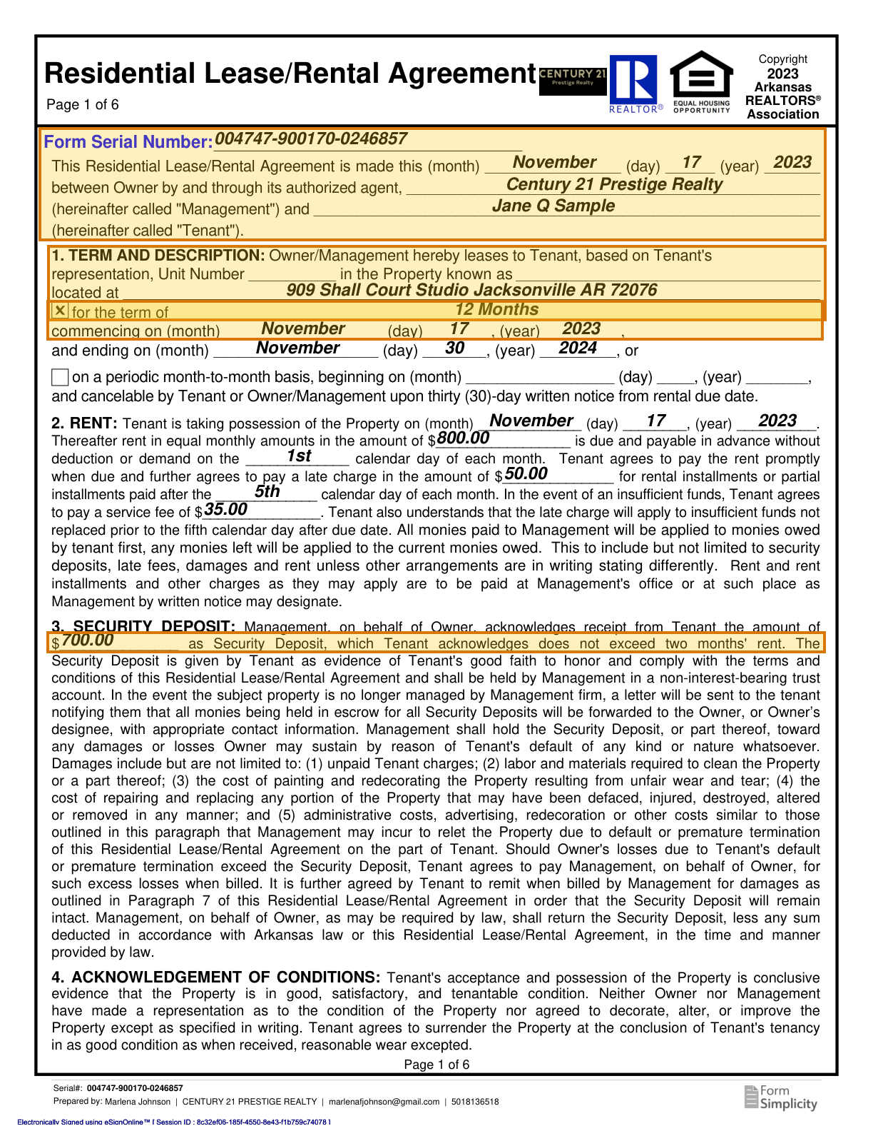 Page 1 of a sample Residential Lease, with extracted values outlined