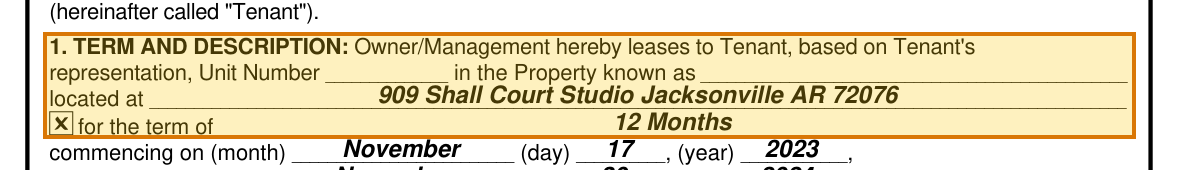 The region of the sample Residential Lease containing Property address, with the extracted value outlined