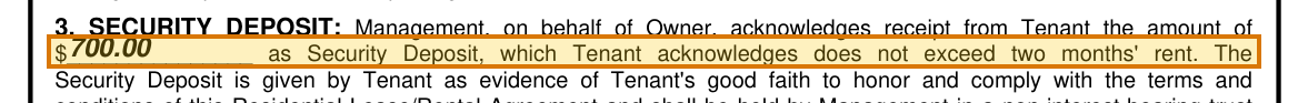 The region of the sample Residential Lease containing Security deposit, with the extracted value outlined