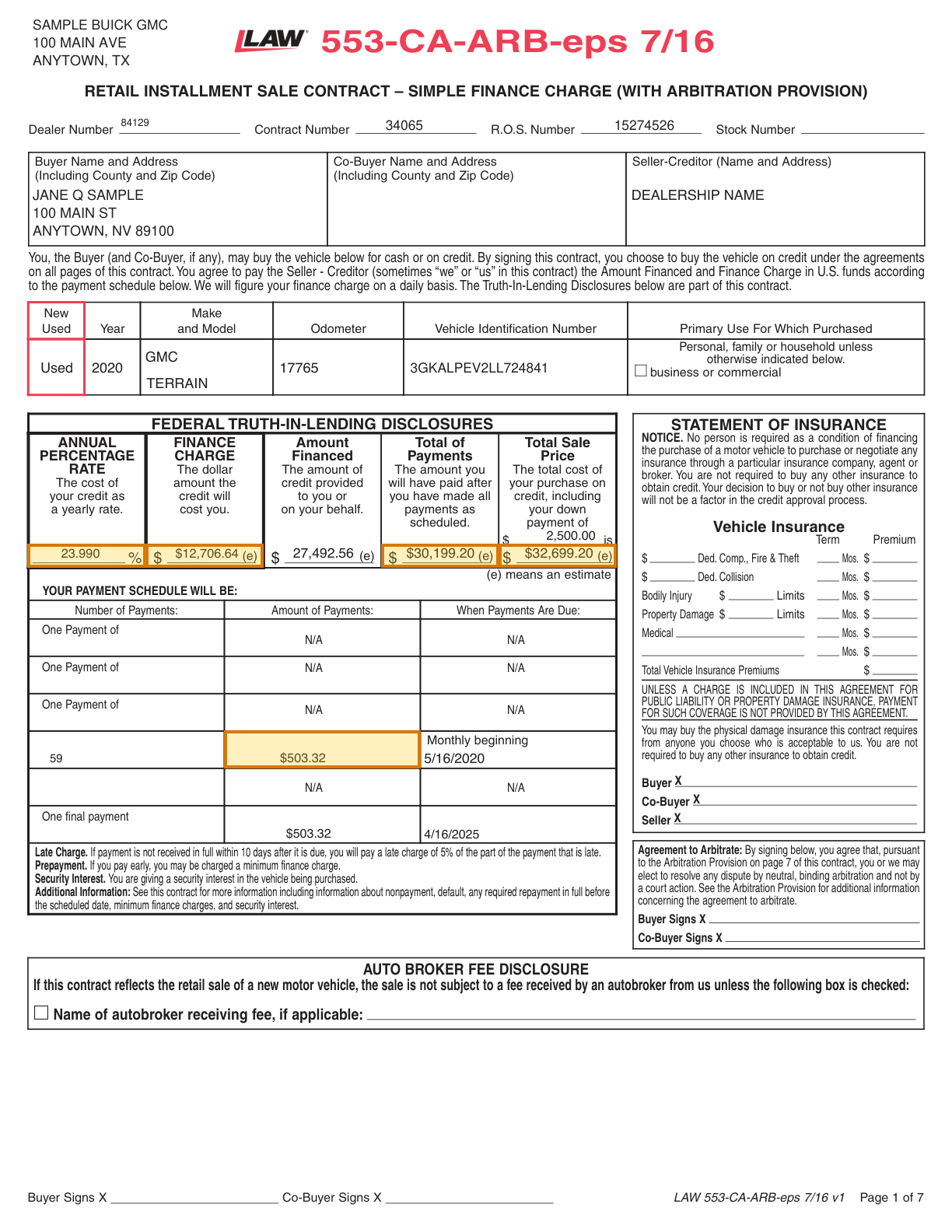 Page 1 of a sample Retail Installment Sale Contract, with extracted values outlined
