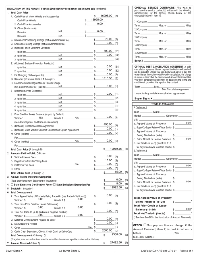 Page 2 of the sample Retail Installment Sale Contract