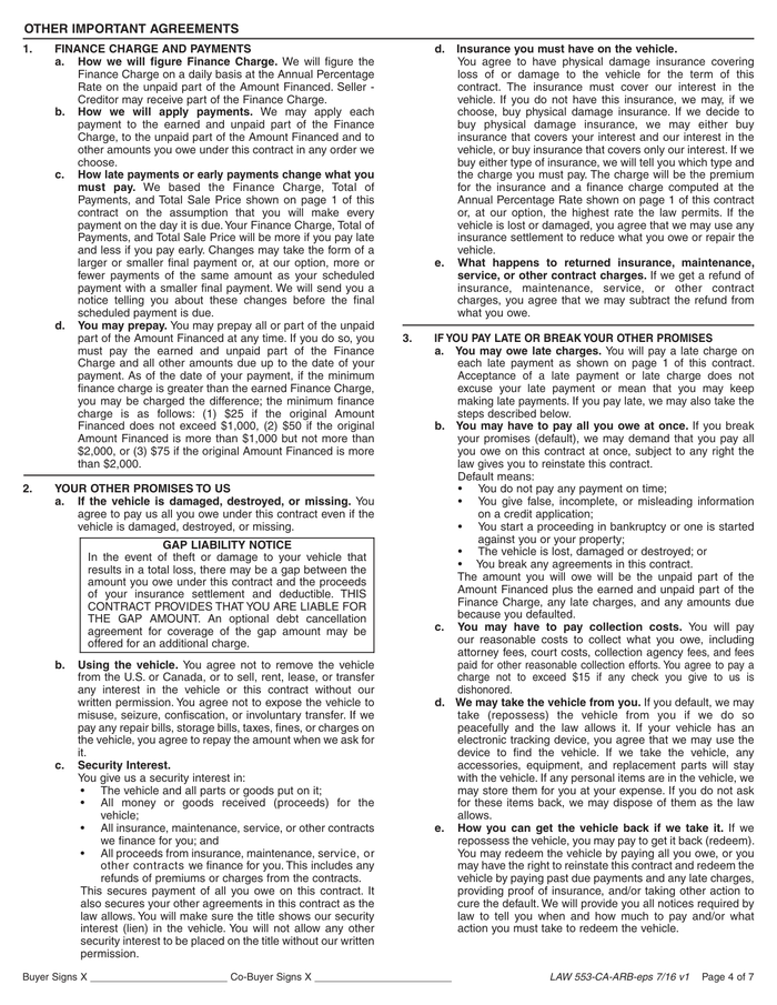 Page 4 of the sample Retail Installment Sale Contract