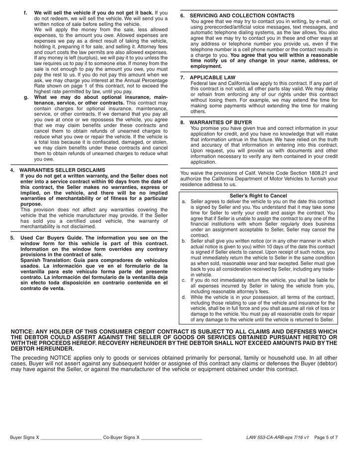 Page 5 of the sample Retail Installment Sale Contract