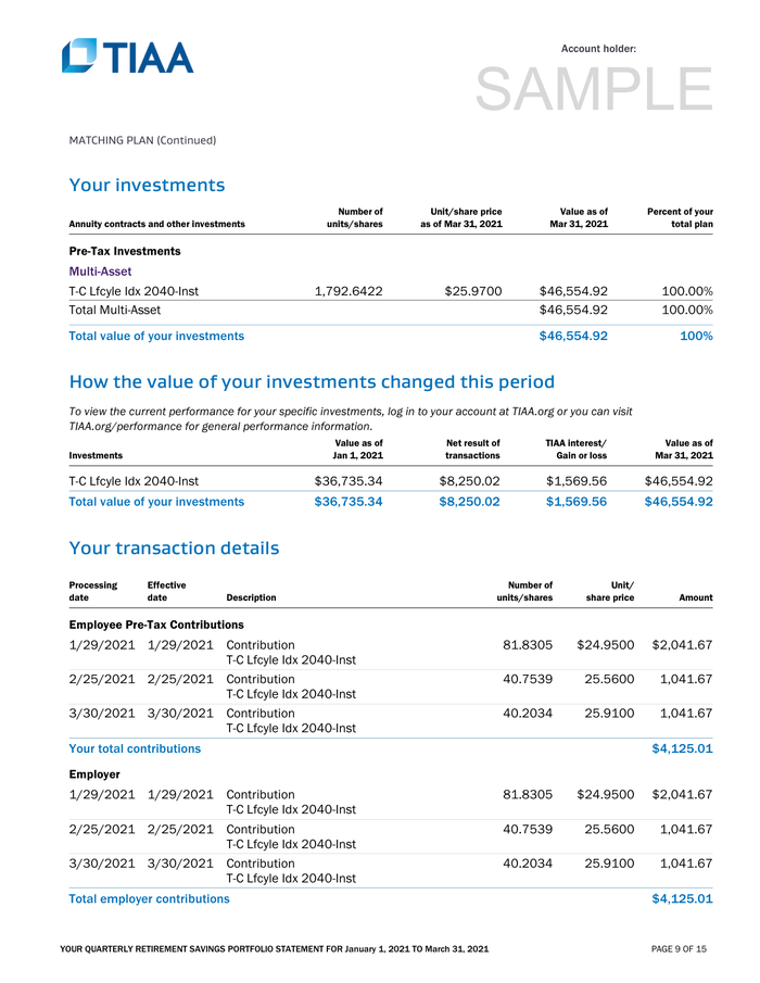 Page 9 of the sample Retirement Statement