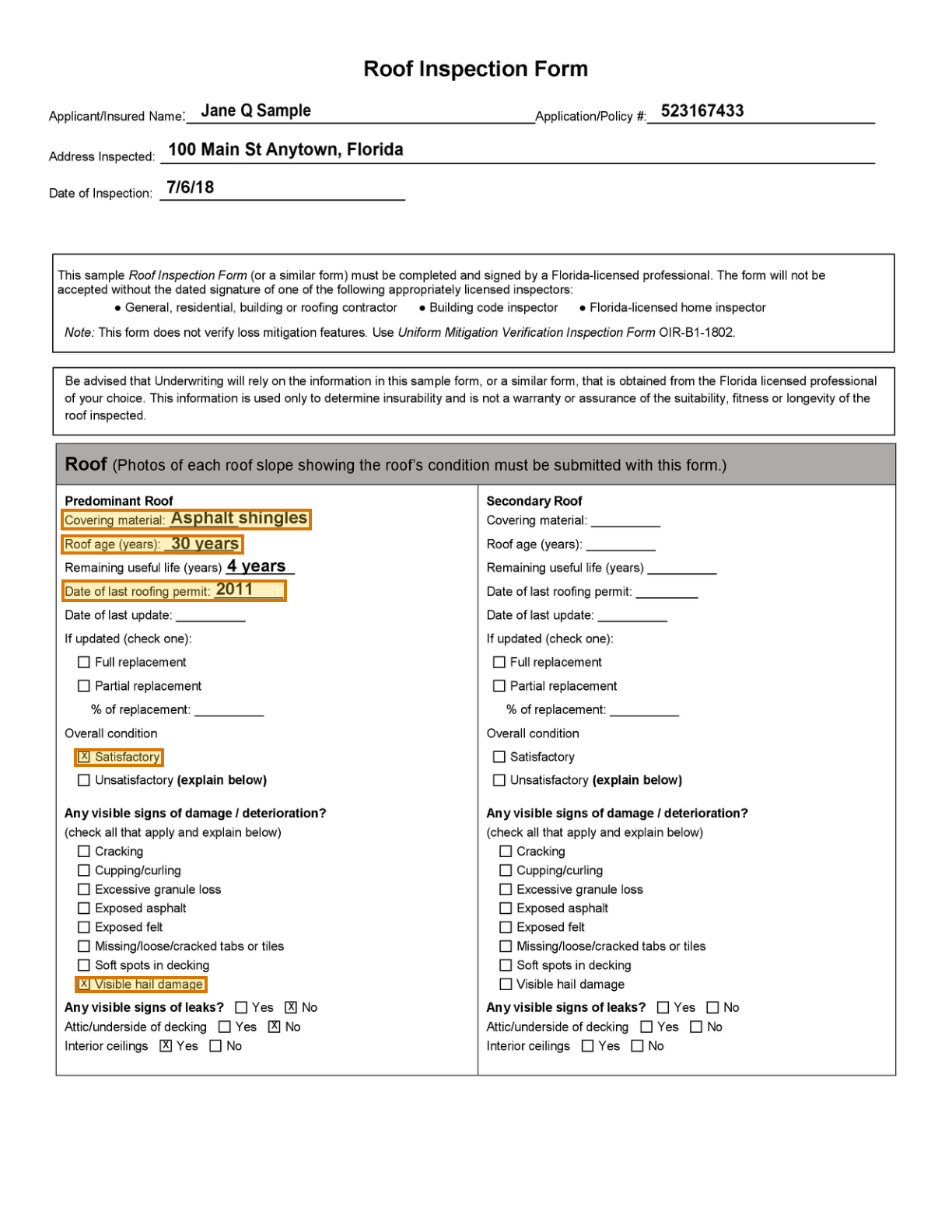 Page 1 of a sample Roof Inspection or Certification, with extracted values outlined