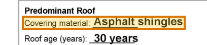 The region of the sample Roof Inspection or Certification containing Roof covering material, with the extracted value outlined
