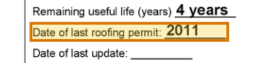 The region of the sample Roof Inspection or Certification containing Date of last roofing permit, with the extracted value outlined