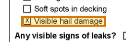 The region of the sample Roof Inspection or Certification containing Visible damage checked, with the extracted value outlined
