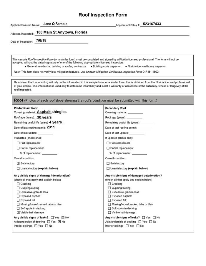 Page 1 of the sample Roof Inspection or Certification