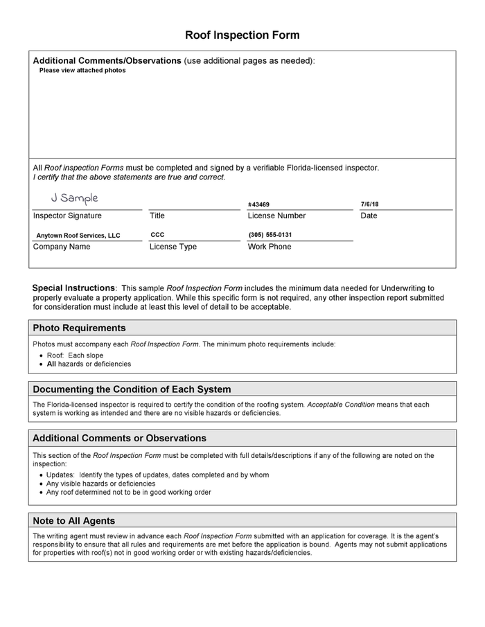 Page 2 of the sample Roof Inspection or Certification