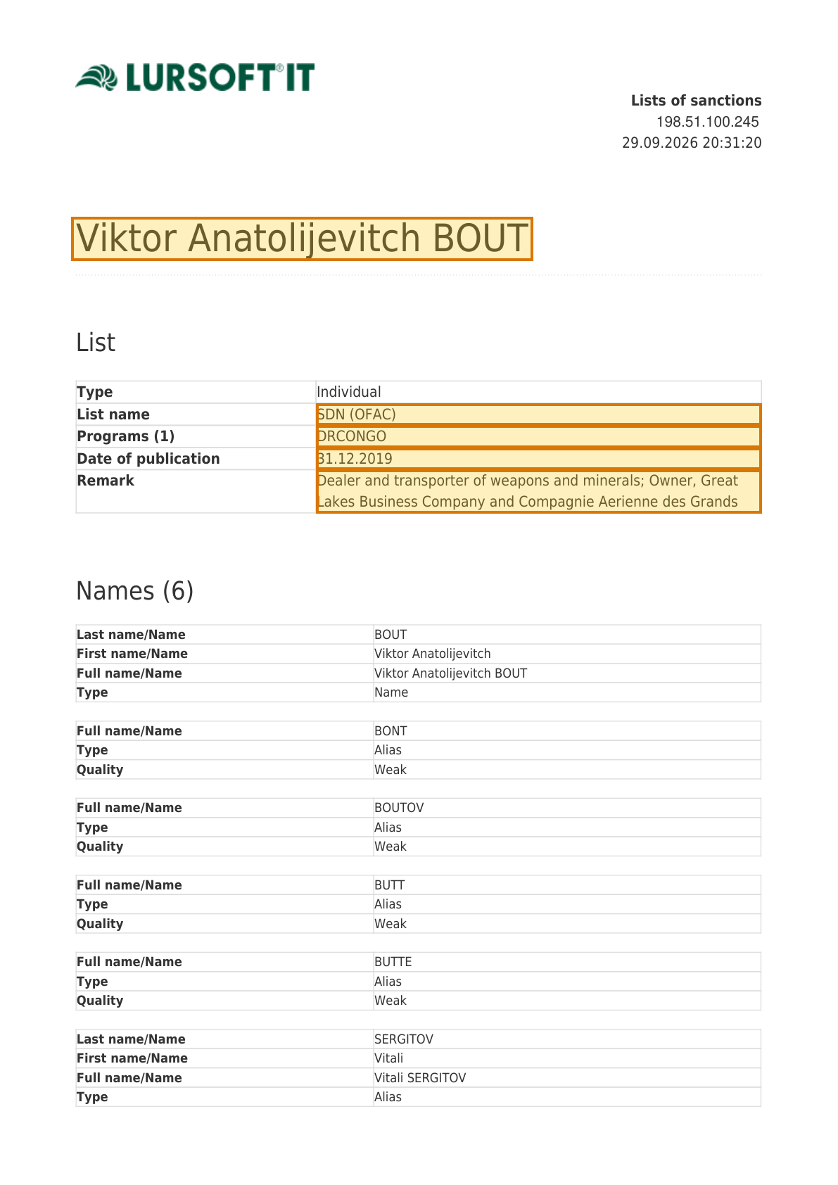 Page 1 of a sample Sanctions Screening, with extracted values outlined