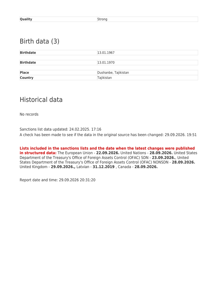 Page 2 of the sample Sanctions Screening
