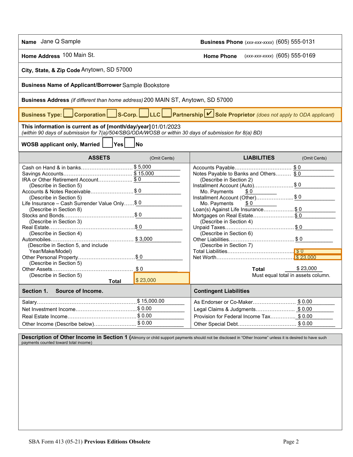 Page 2 of a sample SBA Form 413, with extracted values outlined