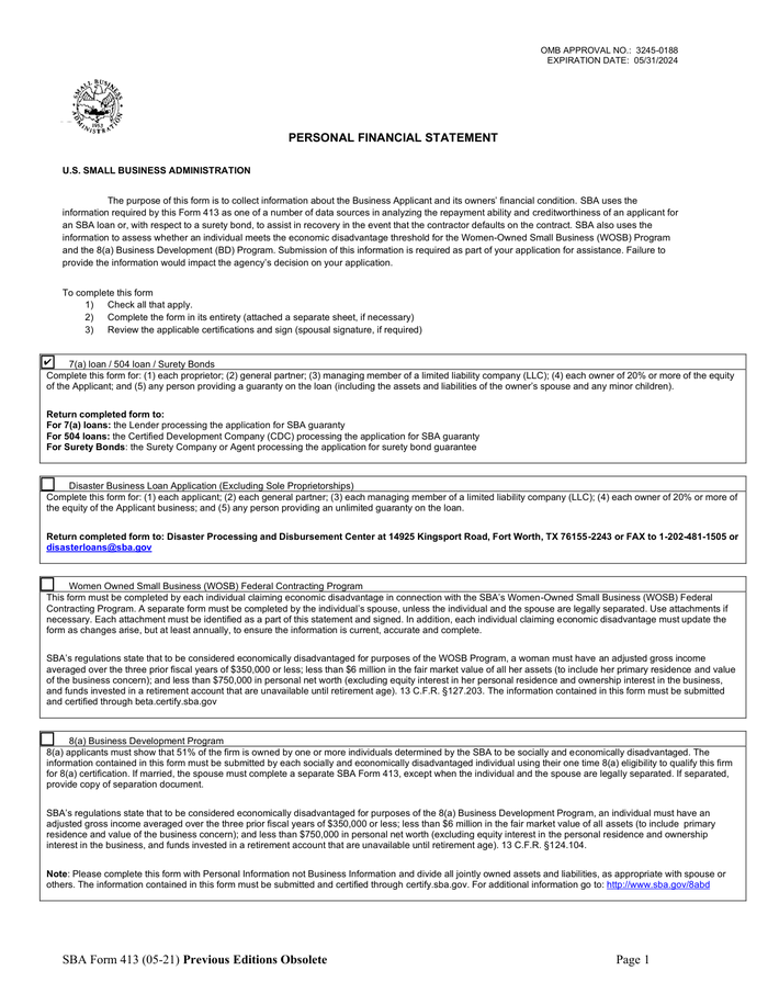 Page 1 of the sample SBA Form 413