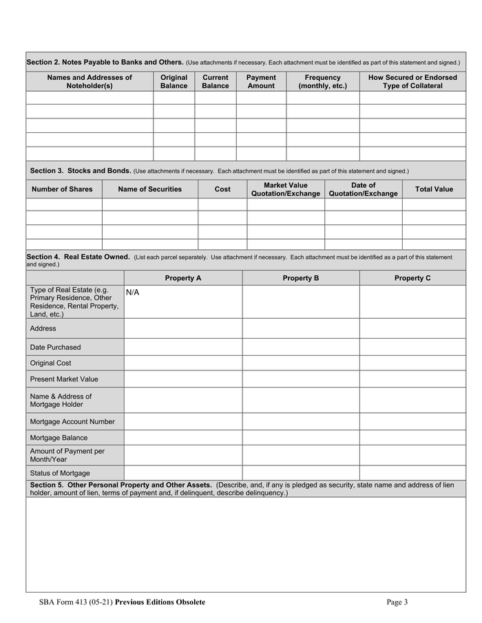 Page 3 of the sample SBA Form 413