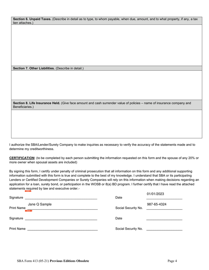 Page 4 of the sample SBA Form 413