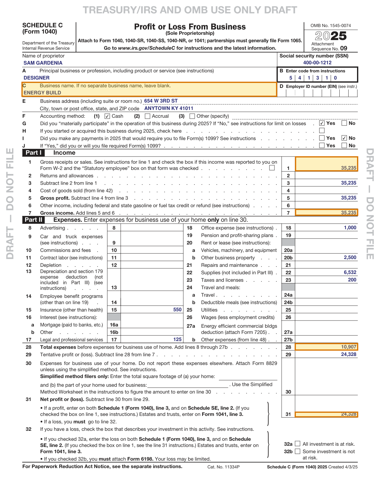 Page 1 of a sample Schedule C, with extracted values outlined