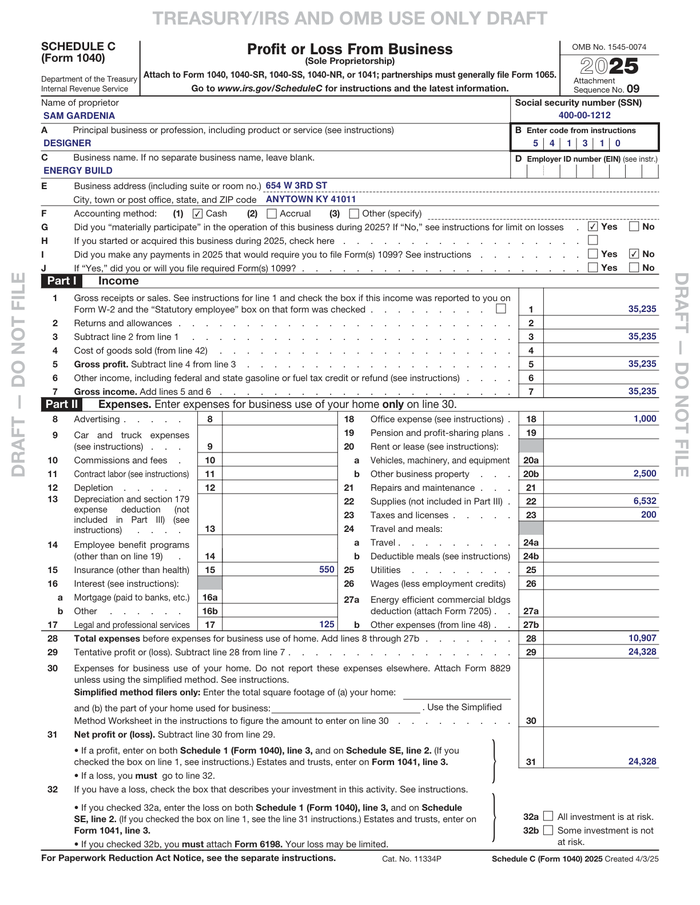 Page 1 of the sample Schedule C