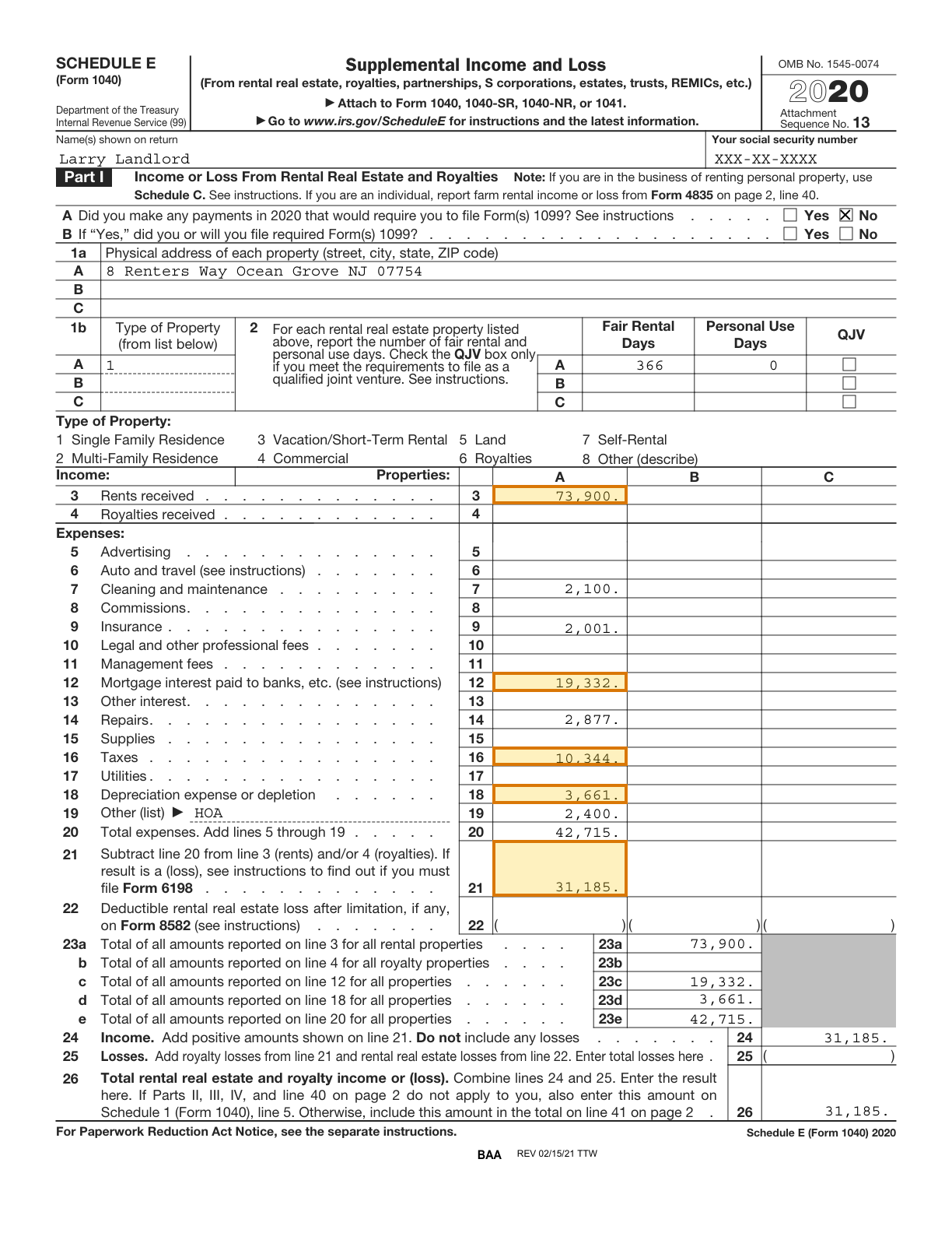 Page 1 of a sample Schedule E, with extracted values outlined