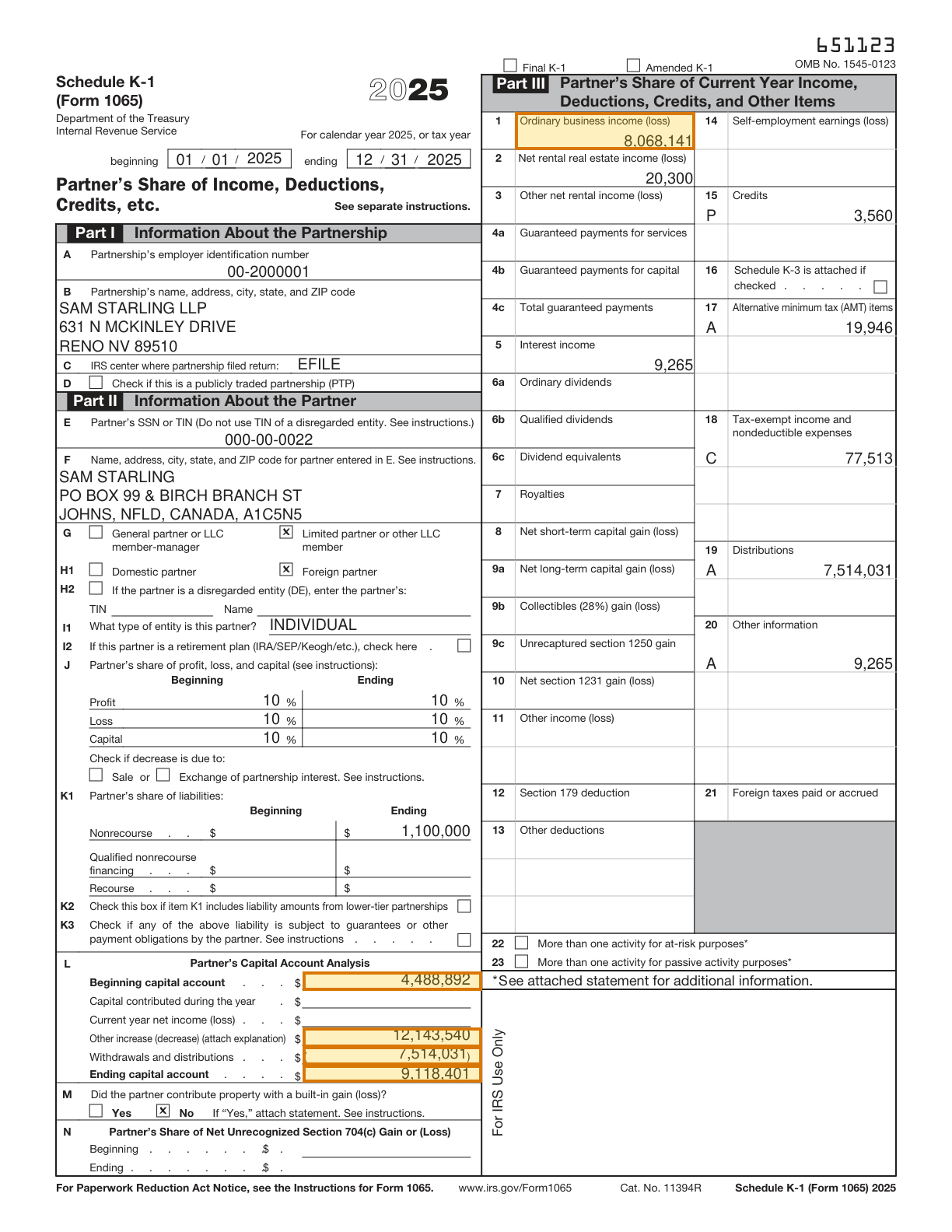 Page 1 of a sample Schedule K-1, with extracted values outlined