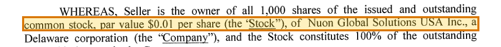 The region of the sample Stock Purchase Agreement containing Company whose stock is sold, with the extracted value outlined