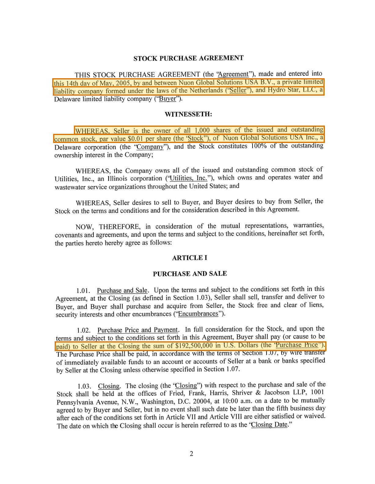 Page 32 of a sample Stock Purchase Agreement, with extracted values outlined