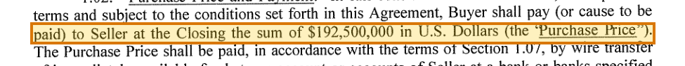 The region of the sample Stock Purchase Agreement containing Purchase price, with the extracted value outlined