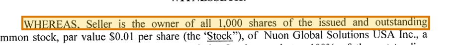The region of the sample Stock Purchase Agreement containing Shares sold, with the extracted value outlined