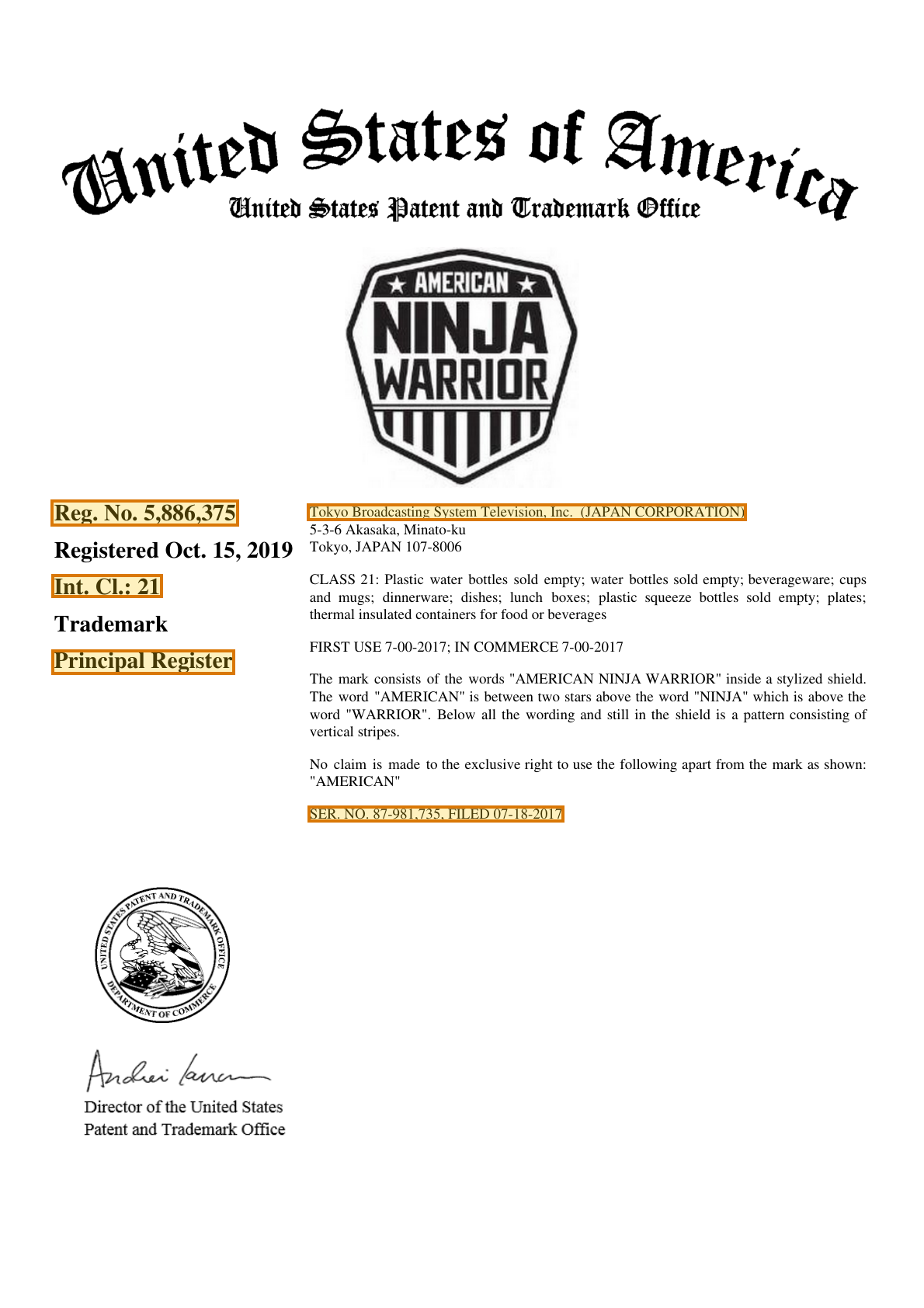 Page 1 of a sample Trademark Registration Certificate, with extracted values outlined