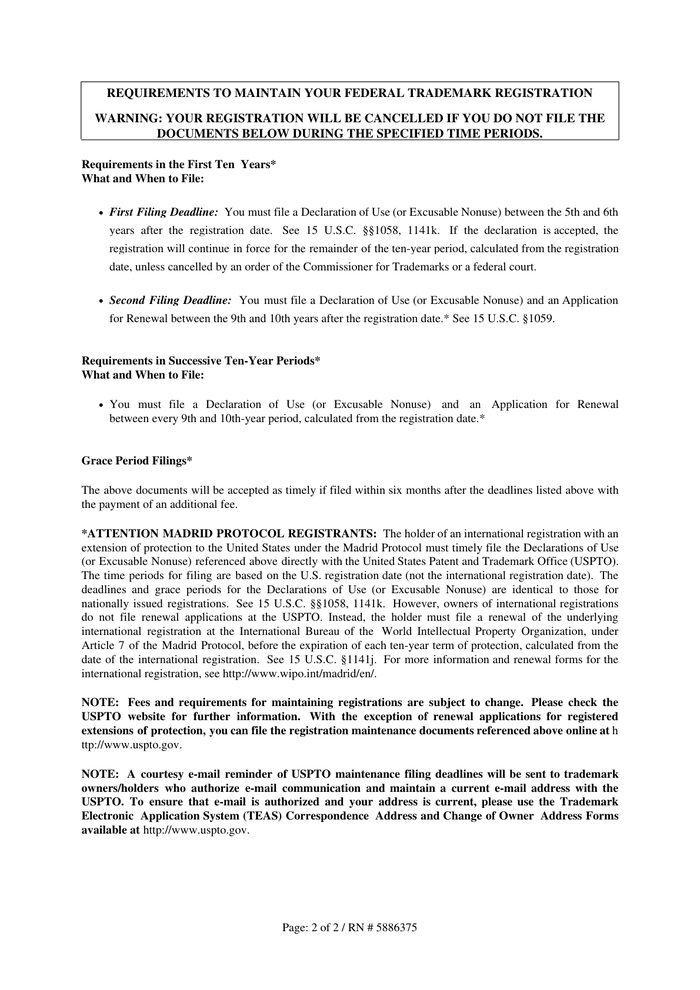 Page 2 of the sample Trademark Registration Certificate