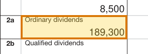 The region of the sample Trust Income Document containing Ordinary dividends (box 2a), with the extracted value outlined