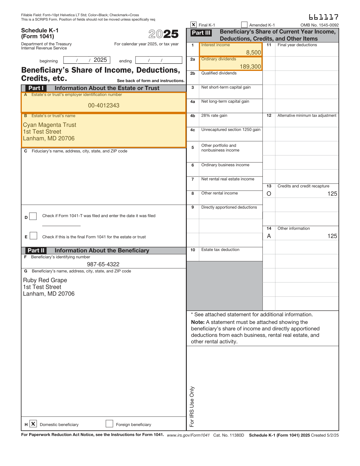Page 1 of a sample Trust Income Document, with extracted values outlined